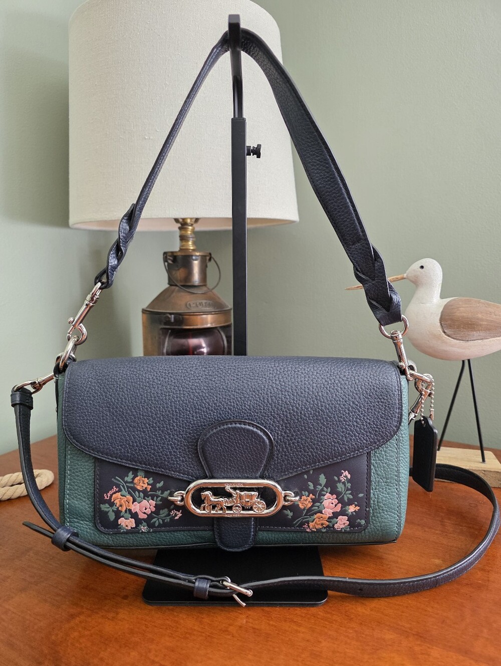 Coach 91024 Rose Bouquet Convertible Shoulder Crossbody Bag Navy Green Leather